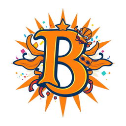 A superhero emblem featuring a prominent letter 'B', inspired by vibrant orange hues and elements reminiscent of a carnival