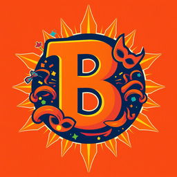 A superhero emblem featuring a prominent letter 'B', inspired by vibrant orange hues and elements reminiscent of a carnival