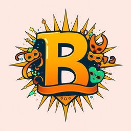 A superhero emblem featuring a prominent letter 'B', inspired by vibrant orange hues and elements reminiscent of a carnival