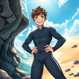 Detailed anime-style cover art for an educational science magazine issue titled 'Coasts', showcasing a teen male character in a tight wet full-body wetsuit standing confidently with his hands on his hips