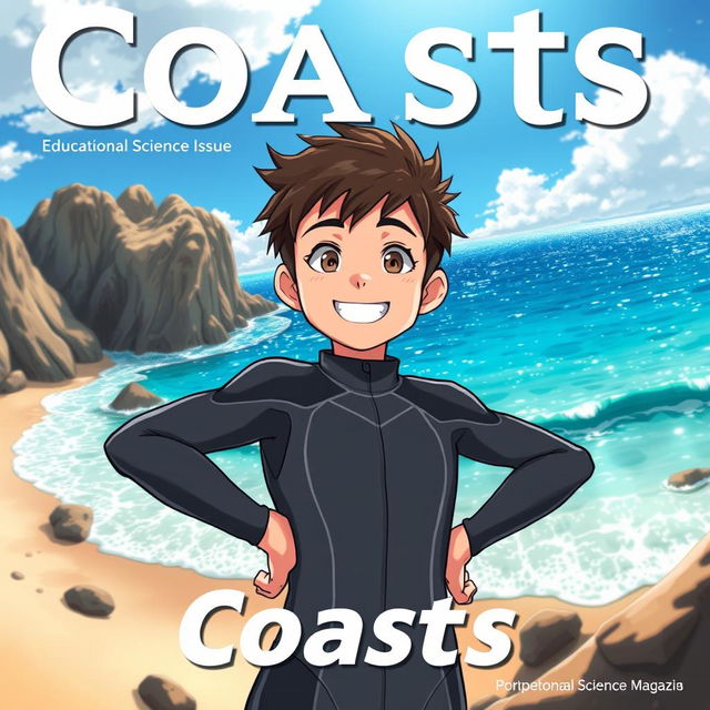 Detailed anime-style cover art for an educational science magazine issue titled 'Coasts', showcasing a teen male character in a tight wet full-body wetsuit standing confidently with his hands on his hips