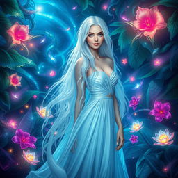 An enchanting ethereal beauty, a Slavic woman with long, flowing white hair, stands in a mystical jungle filled with vibrant, luminescent flora