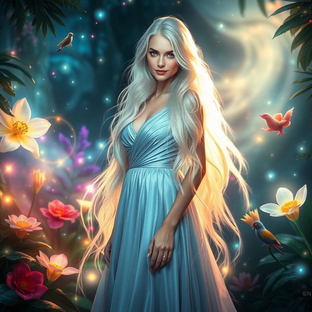 An enchanting ethereal beauty, a Slavic woman with long, flowing white hair, stands in a mystical jungle filled with vibrant, luminescent flora