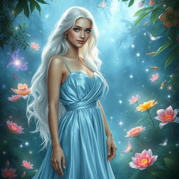 An enchanting ethereal beauty, a Slavic woman with long, flowing white hair, stands in a mystical jungle filled with vibrant, luminescent flora