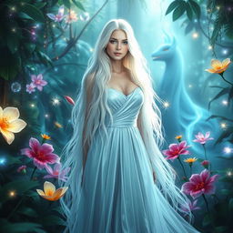 An enchanting ethereal beauty, a Slavic woman with long, flowing white hair, stands in a mystical jungle filled with vibrant, luminescent flora