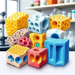A detailed illustration of various porous solids, showcasing their unique structures and characteristics