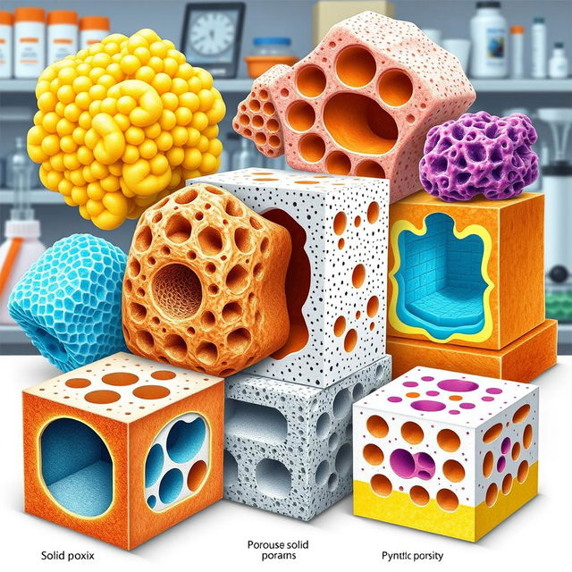 A detailed illustration of various porous solids, showcasing their unique structures and characteristics