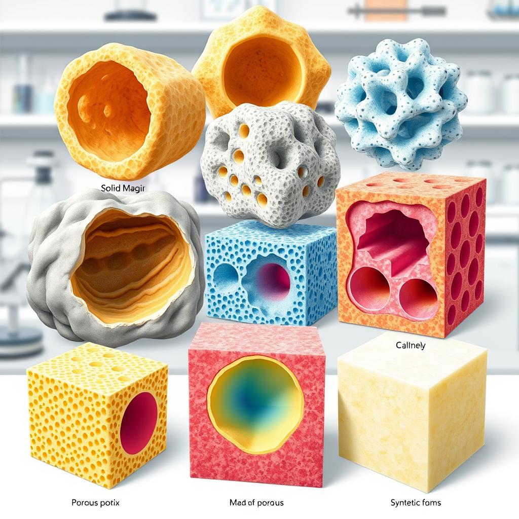 A detailed illustration of various porous solids, showcasing their unique structures and characteristics