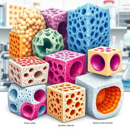 A detailed illustration of various porous solids, showcasing their unique structures and characteristics