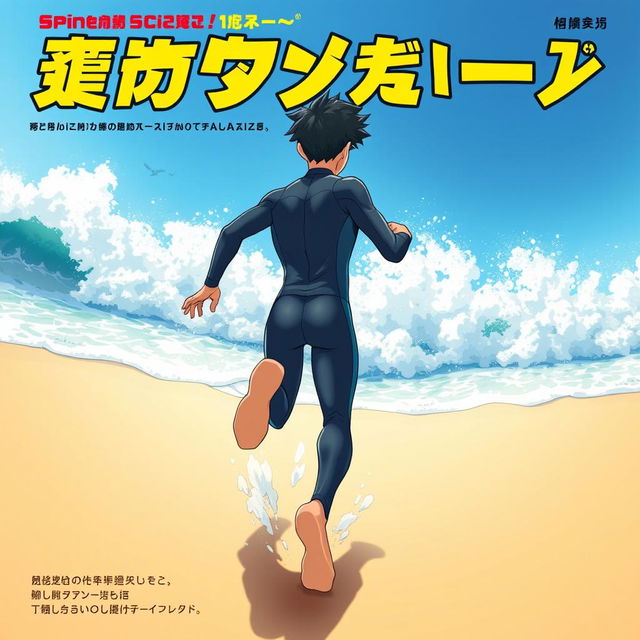 Vibrant cover art for a Japanese educational science magazine, featuring an excited teen male character in a tight, wet wetsuit running on a beach towards the ocean while looking back behind himself