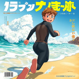 Vibrant cover art for a Japanese educational science magazine, featuring an excited teen male character in a tight, wet wetsuit running on a beach towards the ocean while looking back behind himself