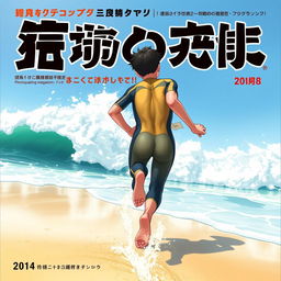 Vibrant cover art for a Japanese educational science magazine, featuring an excited teen male character in a tight, wet wetsuit running on a beach towards the ocean while looking back behind himself