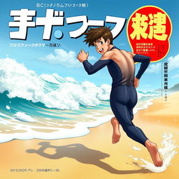 Vibrant cover art for a Japanese educational science magazine, featuring an excited teen male character in a tight, wet wetsuit running on a beach towards the ocean while looking back behind himself