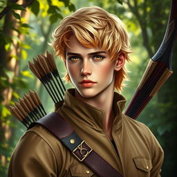 A fantasy book cover featuring a stunning 17-year-old male character, the son of Apollo, with enchanting charm