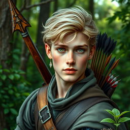 A fantasy book cover featuring a stunning 17-year-old male character, the son of Apollo, with enchanting charm