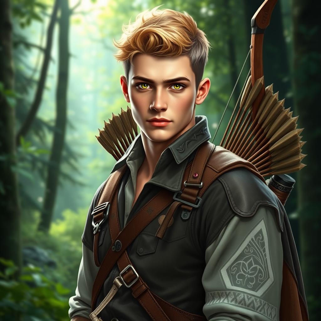 A fantasy book cover featuring a stunning 17-year-old male character, the son of Apollo, with enchanting charm