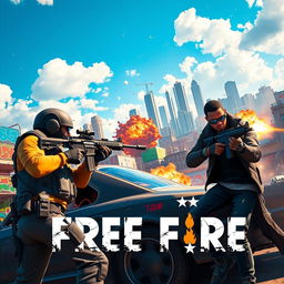 A dynamic and action-packed scene from the popular battle royale game Free Fire, showcasing an intense firefight between players in a vibrant urban environment