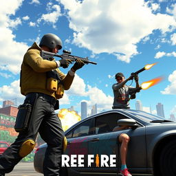 A dynamic and action-packed scene from the popular battle royale game Free Fire, showcasing an intense firefight between players in a vibrant urban environment