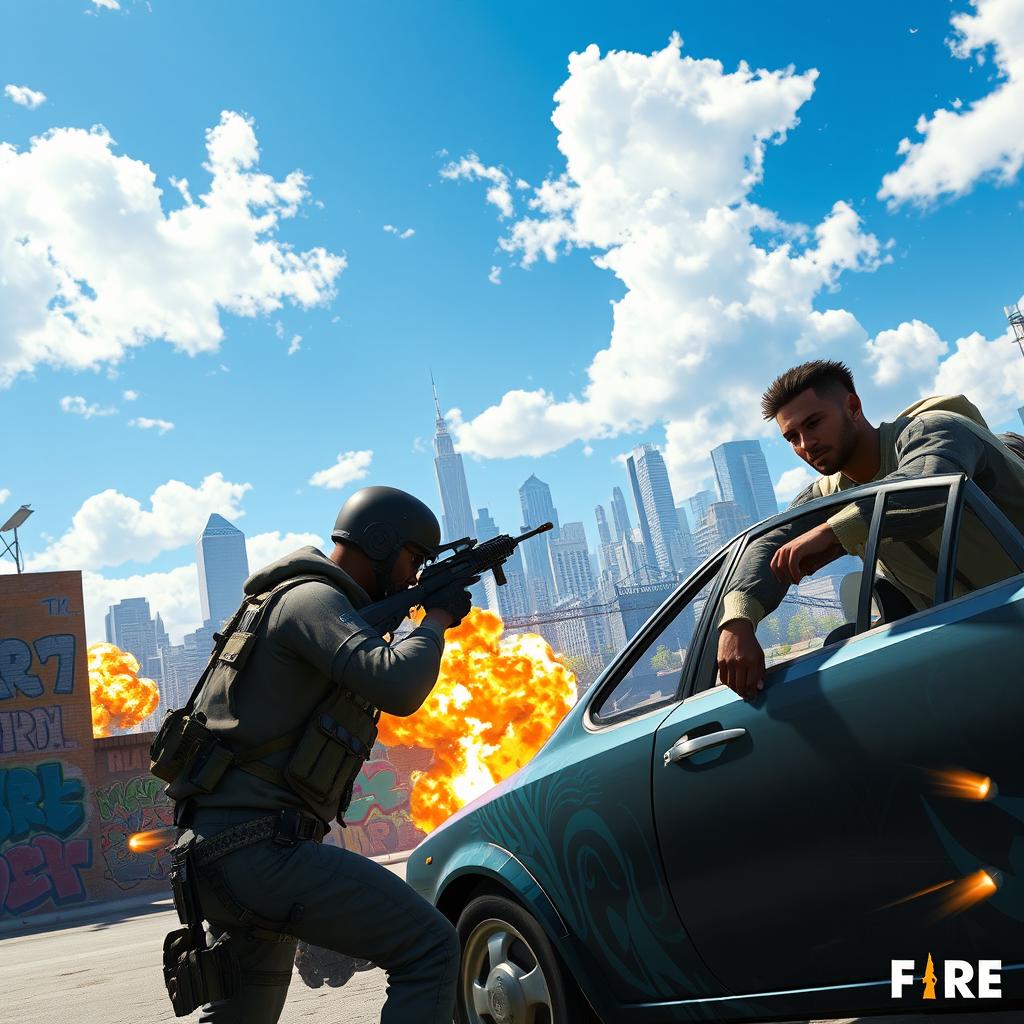 A dynamic and action-packed scene from the popular battle royale game Free Fire, showcasing an intense firefight between players in a vibrant urban environment