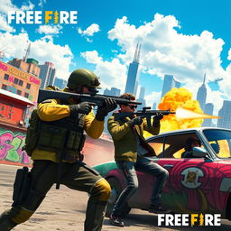 A dynamic and action-packed scene from the popular battle royale game Free Fire, showcasing an intense firefight between players in a vibrant urban environment