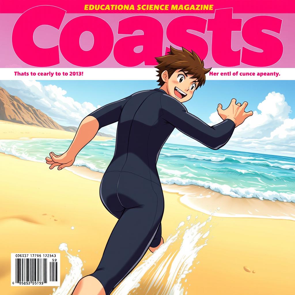 Vibrant anime-style cover art for an educational science magazine issue titled 'Coasts', featuring an excited teen male character in a tight wet wetsuit running energetically on a beach towards the ocean