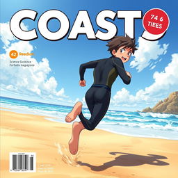 Vibrant anime-style cover art for an educational science magazine issue titled 'Coasts', featuring an excited teen male character in a tight wet wetsuit running energetically on a beach towards the ocean