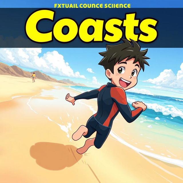 Vibrant anime-style cover art for an educational science magazine issue titled 'Coasts', featuring an excited teen male character in a tight wet wetsuit running energetically on a beach towards the ocean