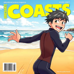 Vibrant anime-style cover art for an educational science magazine issue titled 'Coasts', featuring an excited teen male character in a tight wet wetsuit running energetically on a beach towards the ocean