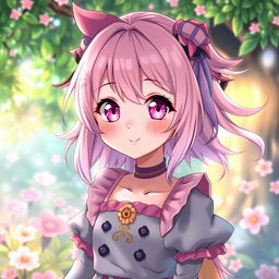 A beautiful anime girl with captivating pink eyes, styled with vibrant, flowing pastel hair and a cheerful expression
