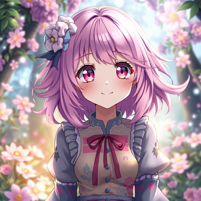 A beautiful anime girl with captivating pink eyes, styled with vibrant, flowing pastel hair and a cheerful expression