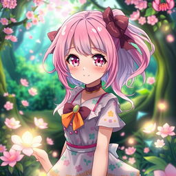 A beautiful anime girl with captivating pink eyes, styled with vibrant, flowing pastel hair and a cheerful expression