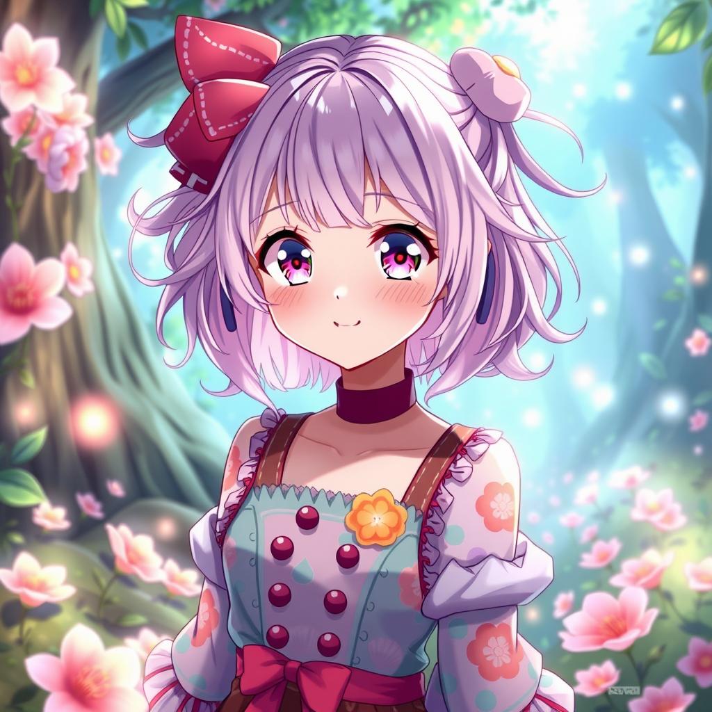 A beautiful anime girl with captivating pink eyes, styled with vibrant, flowing pastel hair and a cheerful expression