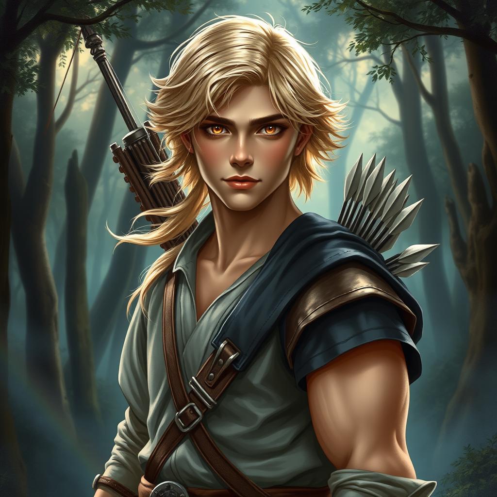 A fantasy book cover depicting a captivating 17-year-old male character, the son of Apollo, radiating charm and beauty