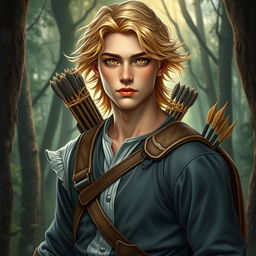 A fantasy book cover depicting a captivating 17-year-old male character, the son of Apollo, radiating charm and beauty