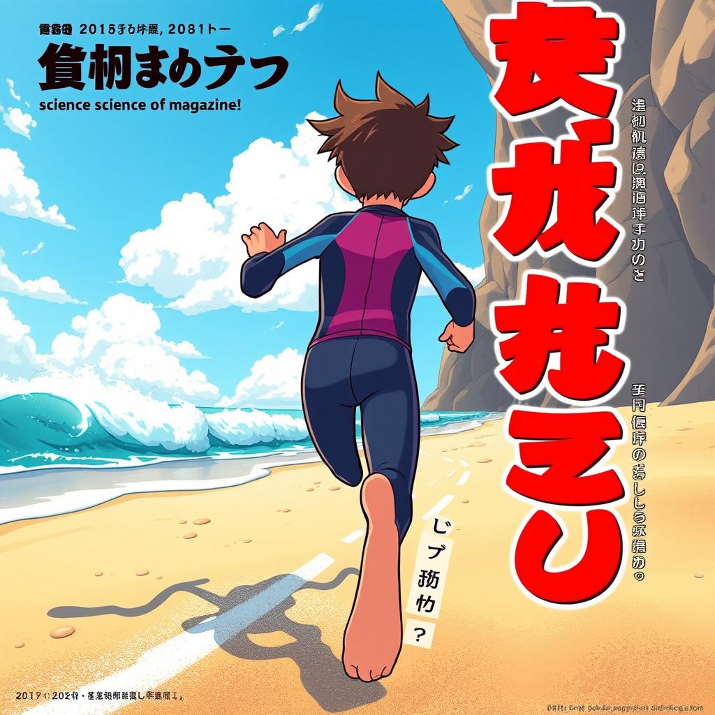 Vibrantly rendered cartoon cover art for a Japanese educational science magazine, depicting an excited teen male character in a tight, wet wetsuit running on a beach towards the ocean while looking back behind himself