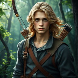 A fantasy book cover showcasing a striking 17-year-old male character, the son of Apollo, radiating both charm and seriousness