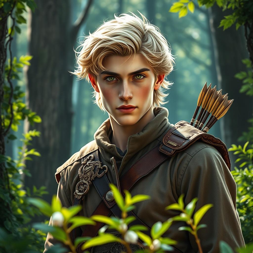 A fantasy book cover showcasing a striking 17-year-old male character, the son of Apollo, radiating both charm and seriousness