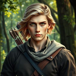 A fantasy book cover showcasing a striking 17-year-old male character, the son of Apollo, radiating both charm and seriousness