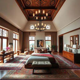 A spacious bedroom featuring a high ceiling, designed in a blend of traditional Iranian and modern styles