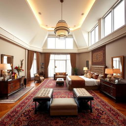 A spacious bedroom featuring a high ceiling, designed in a blend of traditional Iranian and modern styles