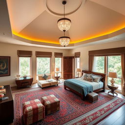 A spacious bedroom featuring a high ceiling, designed in a blend of traditional Iranian and modern styles