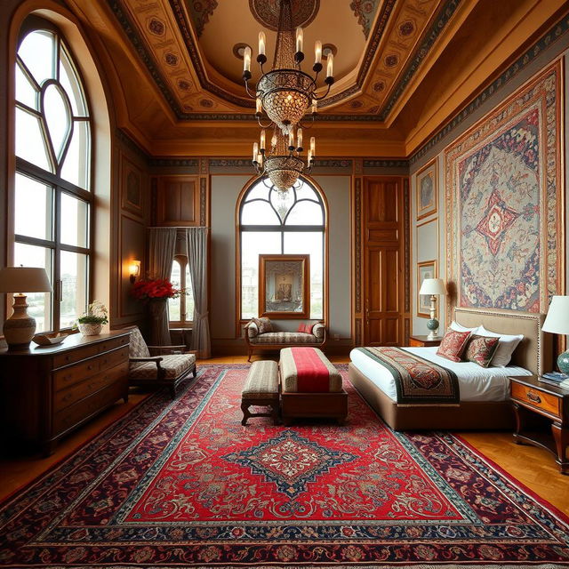 A spacious bedroom featuring a high ceiling, designed in a blend of traditional Iranian and modern styles