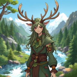 A character representing Earth, featuring majestic reindeer antlers, surrounded by elements of nature such as lush green forests, flowing rivers, and mountains in the background