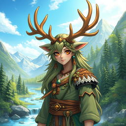 A character representing Earth, featuring majestic reindeer antlers, surrounded by elements of nature such as lush green forests, flowing rivers, and mountains in the background