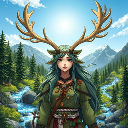 A character representing Earth, featuring majestic reindeer antlers, surrounded by elements of nature such as lush green forests, flowing rivers, and mountains in the background