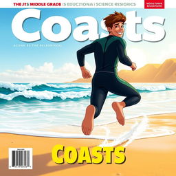 Vibrant cover art for a middle grade educational science magazine issue titled 'Coasts', featuring an excited teen male character in a tight wet wetsuit, joyfully running on a beach towards the ocean