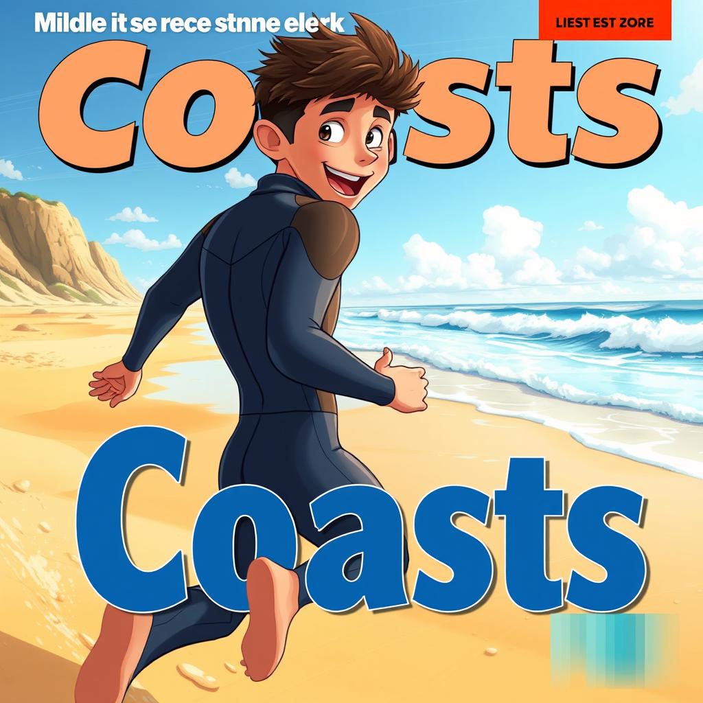 Vibrant cover art for a middle grade educational science magazine issue titled 'Coasts', featuring an excited teen male character in a tight wet wetsuit, joyfully running on a beach towards the ocean