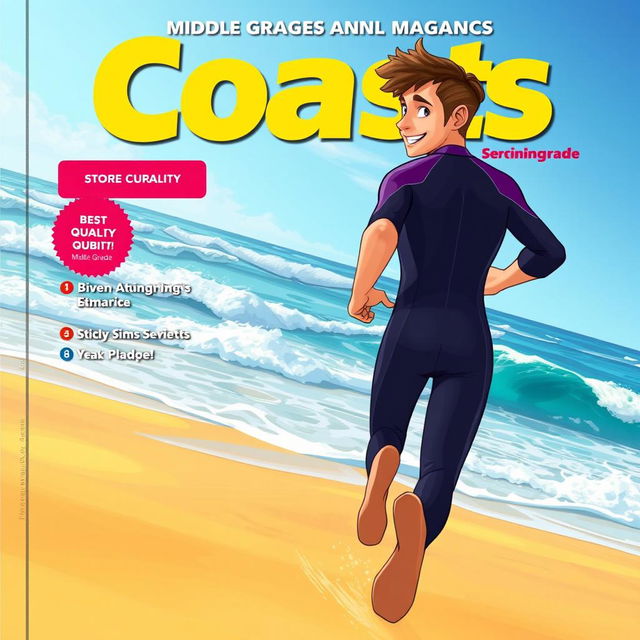 Vibrant cover art for a middle grade educational science magazine issue titled 'Coasts', featuring an excited teen male character in a tight wet wetsuit, joyfully running on a beach towards the ocean