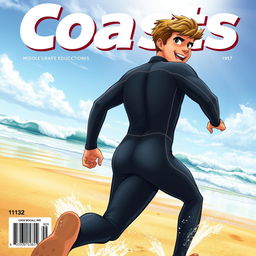 Vibrant cover art for a middle grade educational science magazine issue titled 'Coasts', featuring an excited teen male character in a tight wet wetsuit, joyfully running on a beach towards the ocean