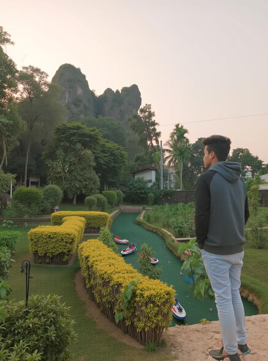 A serene landscape depicting lush, green hills reminiscent of the Himalayas, with a person standing peacefully, gazing into the distance